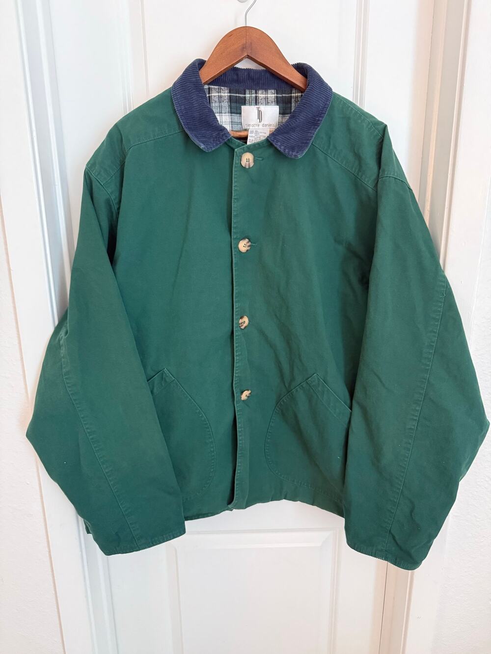 Vintage Chore Coat Canvas Green Cotton Blue Suede Collared Jacket Size XL